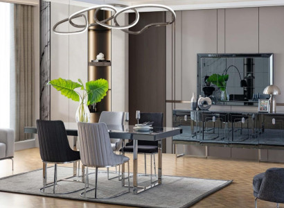 Schwarz-Graue Esszimmer Möbel Rechteckiger Esstisch 4x Textil Stühle